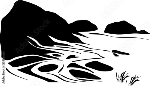 Stylized Black and White Seascape with Rocks and Water Patterns for Artistic Projects