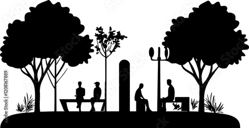 Silhouette of People Relaxing in a Park with Trees and Benches – Ideal for Lifestyle and Nature Themes