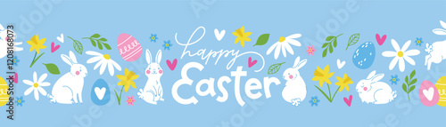 Cute hand drawn easter bunnies, spring flowers and eggs seamless design. Easter doodle background. Vector design illustration
