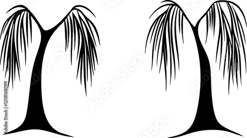 Stylized Black Silhouettes of Palm Trees with Flowing Fronds for Tropical Design Themes