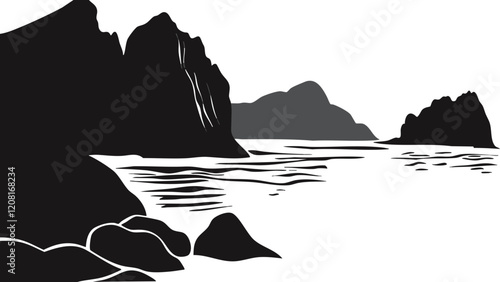 Minimalist black and white coastline with rocky cliffs and serene water, perfect for tranquil backgrounds or nature themes.