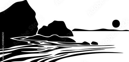 Stylized Black and White Landscape: A serene coastline with rocks and a sun, ideal for modern decor or artistic projects.