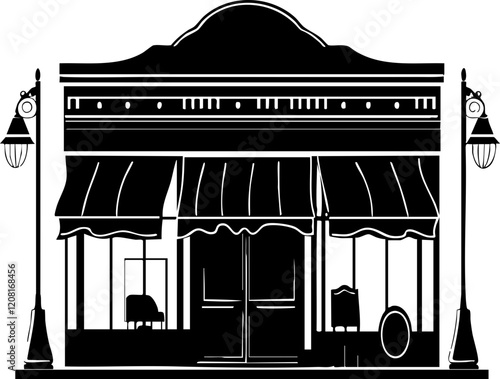 Stylized storefront silhouette with detailed awnings and lamps; ideal for illustrating retail concepts.