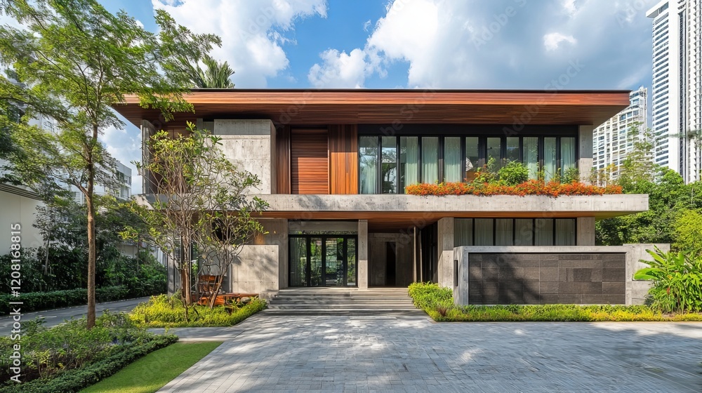 Opulent abode boasts a robust concrete facade adorned with warm wooden accents, creating an alluring blend of modernism and rustic charm. The spacious interior exudes comfort and style Opulent abode boasts a robust concrete facade adorned with warm wooden accents, creating an alluring blend of modernism and rustic charm. The spacious interior exudes comfort and style