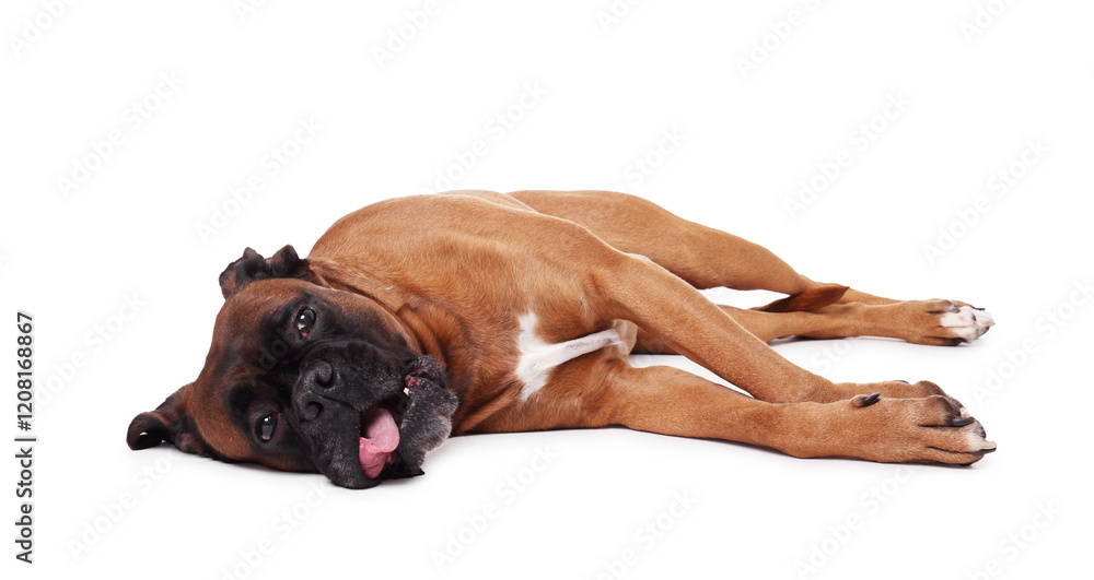 Obraz premium Cute dog lying on white background. Adorable pet
