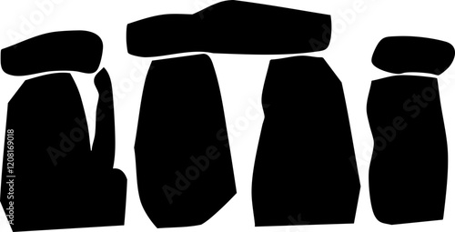 Silhouette of Stonehenge: Iconic prehistoric monument in black against white background, ideal for educational and cultural themes.