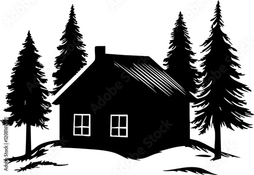 Silhouette of a Cabin Surrounded by Tall Evergreen Trees on a White Background, Ideal for Nature Themes or Illustrations