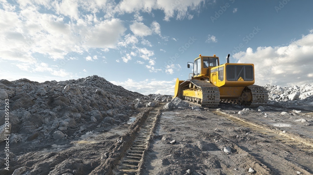 Yellow bulldozer working quarry, rocky landscape, construction Yellow bulldozer working quarry, rocky landscape, construction