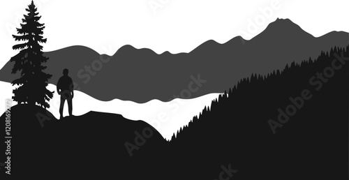 Stylized silhouette of a hiker against a mountainous landscape; perfect for travel and adventure themes.