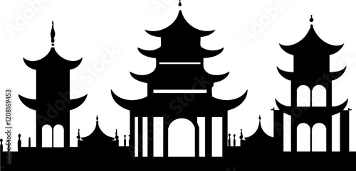 Silhouette of Traditional Asian Pagodas with Intricate Roof Designs for Cultural Themes