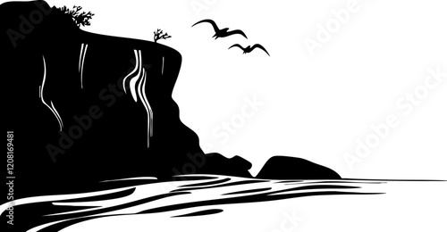 Silhouette of a Cliff with Waterfalls and Birds: A Minimalist Black and White Landscape for Artistic Designs