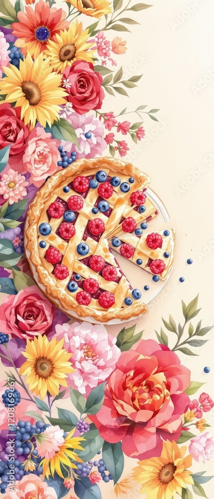 Charming watercolor drawing of a delectable raspberry and blueberry pie surrounded by colorful flowers, handmade, decorative baking, confection, succulent Charming watercolor drawing of a delectable raspberry and blueberry pie surrounded by colorful flowers, handmade, decorative baking, confection, succulent