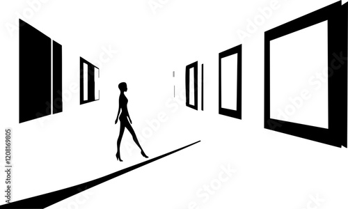 Abstract Black and White Silhouette Walking Through Gallery with Empty Frames for Art and Design Projects