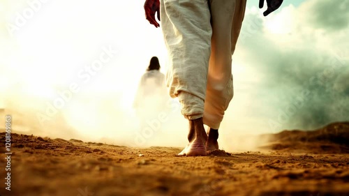 A man s feet walking on sand, following jesus towards divine enlightenment and spiritual faith.