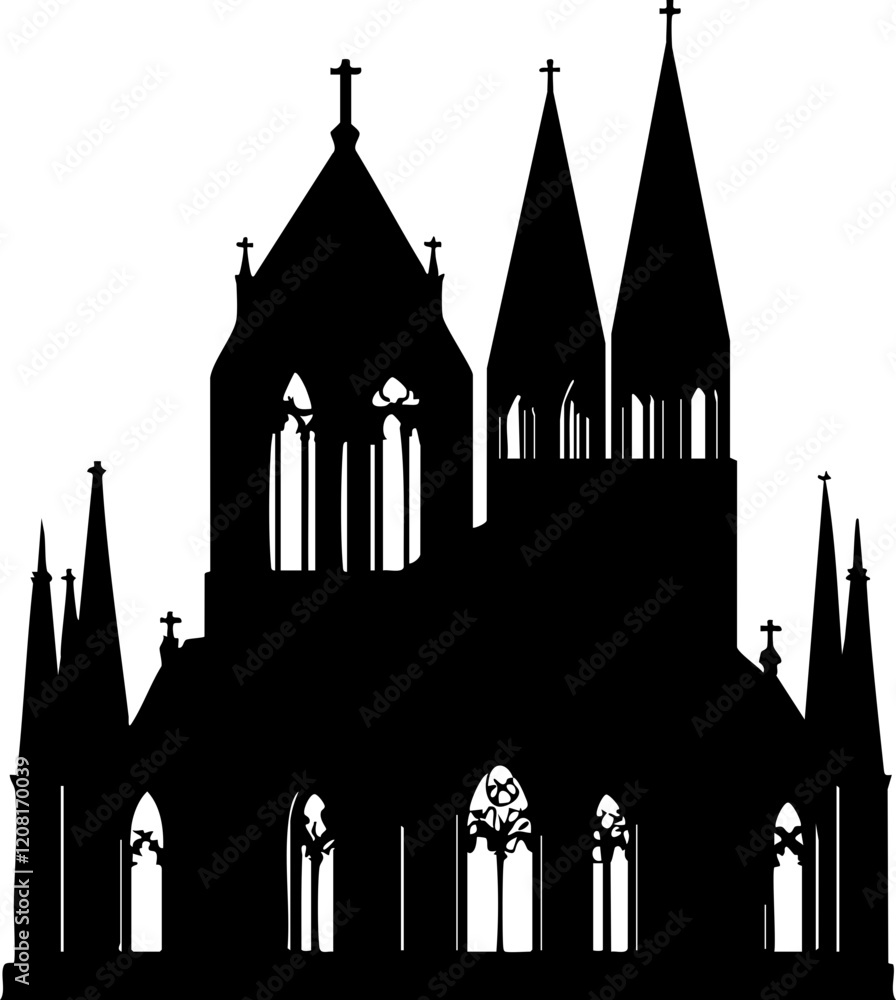 Gothic Cathedral Silhouette: Exquisite black silhouette showcasing intricate architectural details, suitable for design and decoration. Gothic Cathedral Silhouette: Exquisite black silhouette showcasing intricate architectural details, suitable for design and decoration.