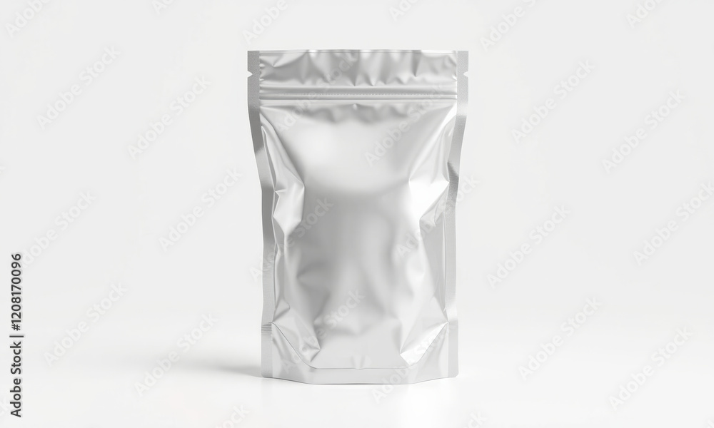 shiny silver foil pouch mockup on clean background, ideal for packaging design. Perfect for showcasing product branding and marketing materials shiny silver foil pouch mockup on clean background, ideal for packaging design. Perfect for showcasing product branding and marketing materials