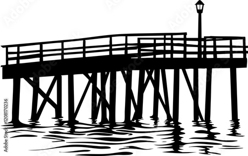 Silhouette of a Pier: A striking black and white depiction of a wooden pier over calm waters, ideal for nature and travel themes.