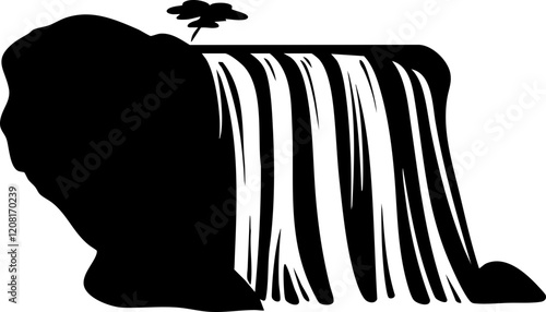 Abstract Waterfall Illustration: A black-and-white depiction of a cascading waterfall with a rock, ideal for nature-themed designs.