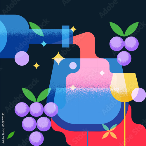 Red wine poured from bottle into glass. Vector illustration. Bar drinks menu, winery shop label, poster design elements