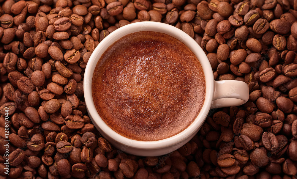 Fototapeta premium Mochaccino coffee cup on the table surrounded by roasted beans. Mocha mousse creative color of the year 2025 background in light brown shade with a mix of warm cacao tones
