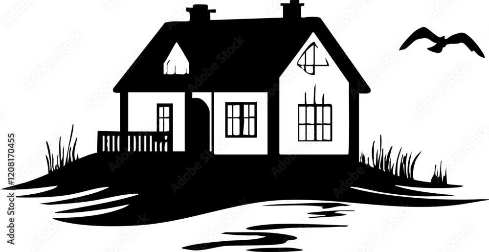 Fototapeta premium Minimalist black and white illustration of a house by water with a bird, ideal for home decor and design projects.