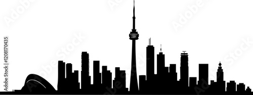 Silhouette of a Modern Skyline Featuring Iconic Tower and Cityscape, Ideal for Travel and Urban Themes