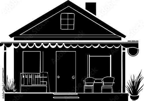 Stylized Black House Illustration with Porch and Windows - Perfect for Architecture Presentations and Home Design Projects