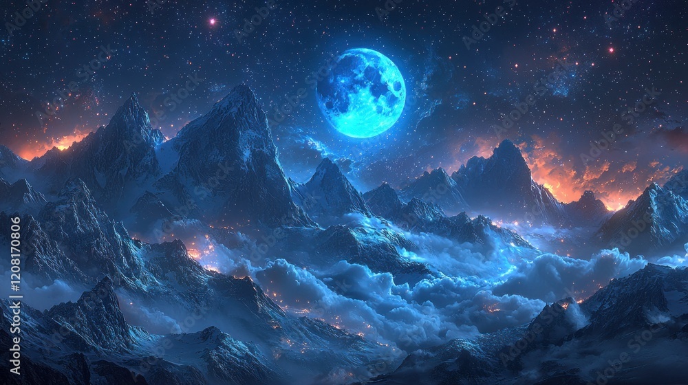 Blue Moon over Snowy Mountainscape at Night Blue Moon over Snowy Mountainscape at Night