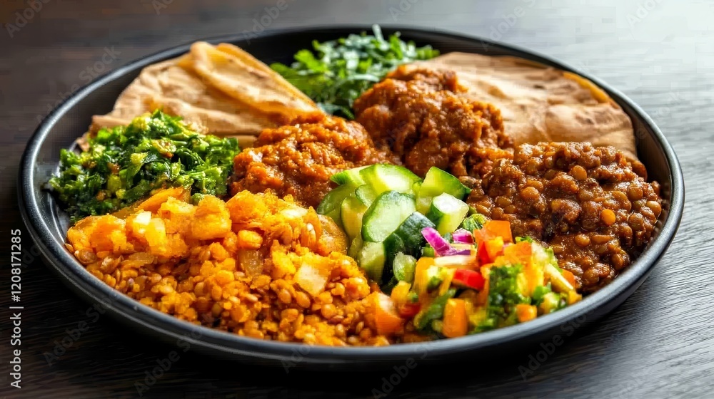 A vibrant plate of assorted Ethiopian dishes, showcasing a variety of textures and colors. A vibrant plate of assorted Ethiopian dishes, showcasing a variety of textures and colors.