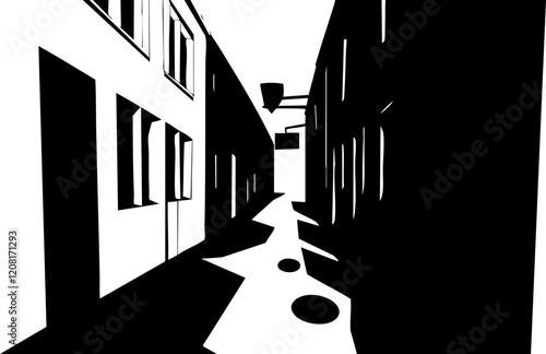 Black and White Vector Illustration of a Narrow Alley Scene: Simple lines and shapes portraying depth, ideal for urban design themes.