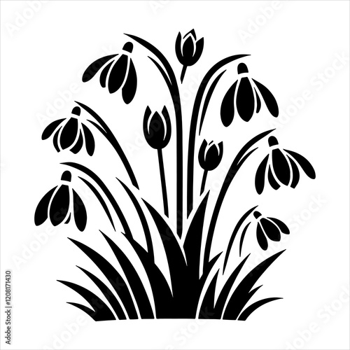 Spring snowdrop flowers vector silhouette art isolated on white background