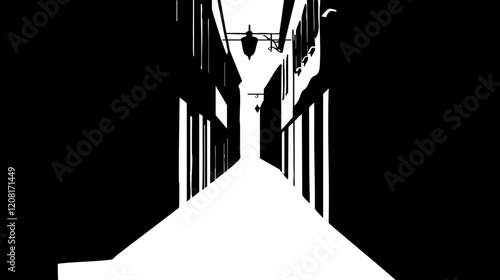 Stylized City Alley: A High-Contrast Black and White Illustration for Urban Art Projects