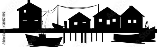 Vector illustration of a serene coastal village with silhouette houses and boats, ideal for travel and lifestyle themes.