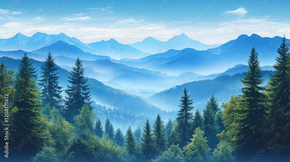 Scenic landscape featuring lush forest trees and distant blue mountains, creating a peaceful and serene atmosphere. Scenic landscape featuring lush forest trees and distant blue mountains, creating a peaceful and serene atmosphere.