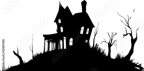 Vector illustration of a spooky black silhouette house on a hill with barren trees, great for Halloween themes and eerie designs. photo