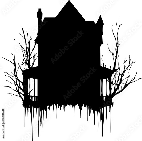 Vector illustration of a spooky Gothic mansion silhouette with twisted trees, ideal for Halloween or eerie decor.