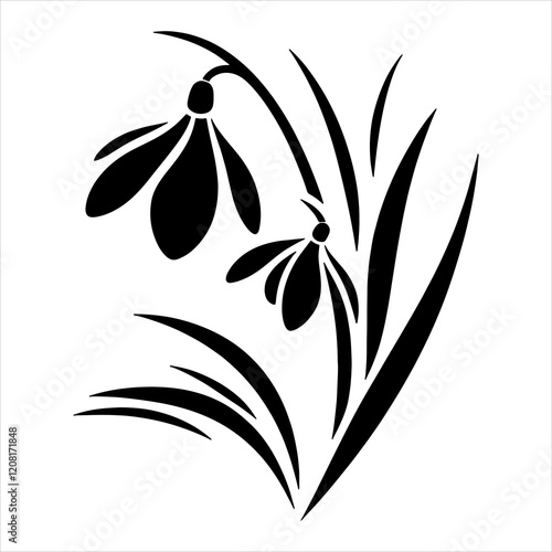 Spring snowdrop flowers vector silhouette art isolated on white background