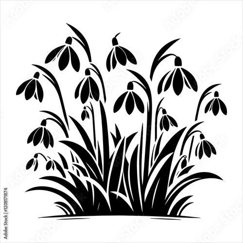 Spring snowdrop flowers vector silhouette art isolated on white background