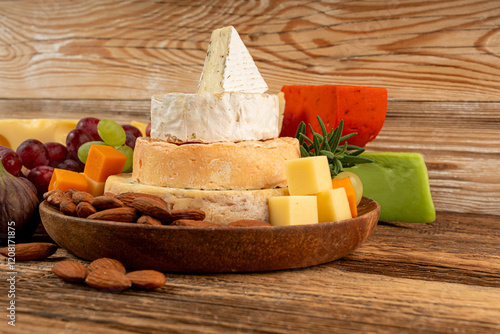 Cheese plate of color cheeses variety, yellow, white and blue cheese board, assorted dairy products photo