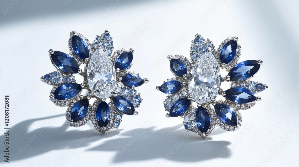 Fototapeta premium Cluster earrings with a central marquise-cut diamond surrounded by small sapphires, platinum setting, dazzling and bold generative ai