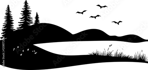 Vector Illustration of a Serene Landscape Featuring Mountains, Trees, and Birds Against a Minimalist Background