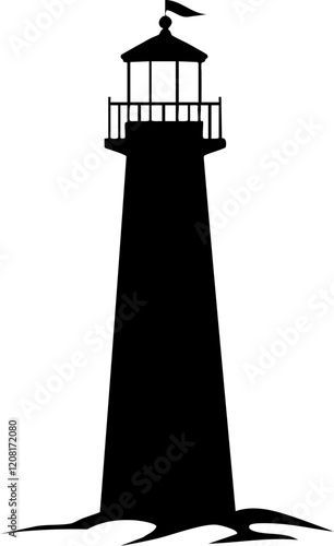 Black silhouette of a lighthouse on waves, minimalist style; ideal for nautical themes and coastal branding.