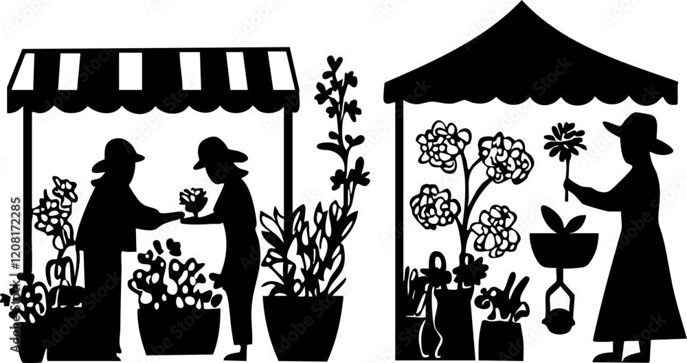 Fototapeta premium Stylized Vector Illustration of a Flower Market Featuring Silhouetted Figures and Plants in Black & White for Floral Themes