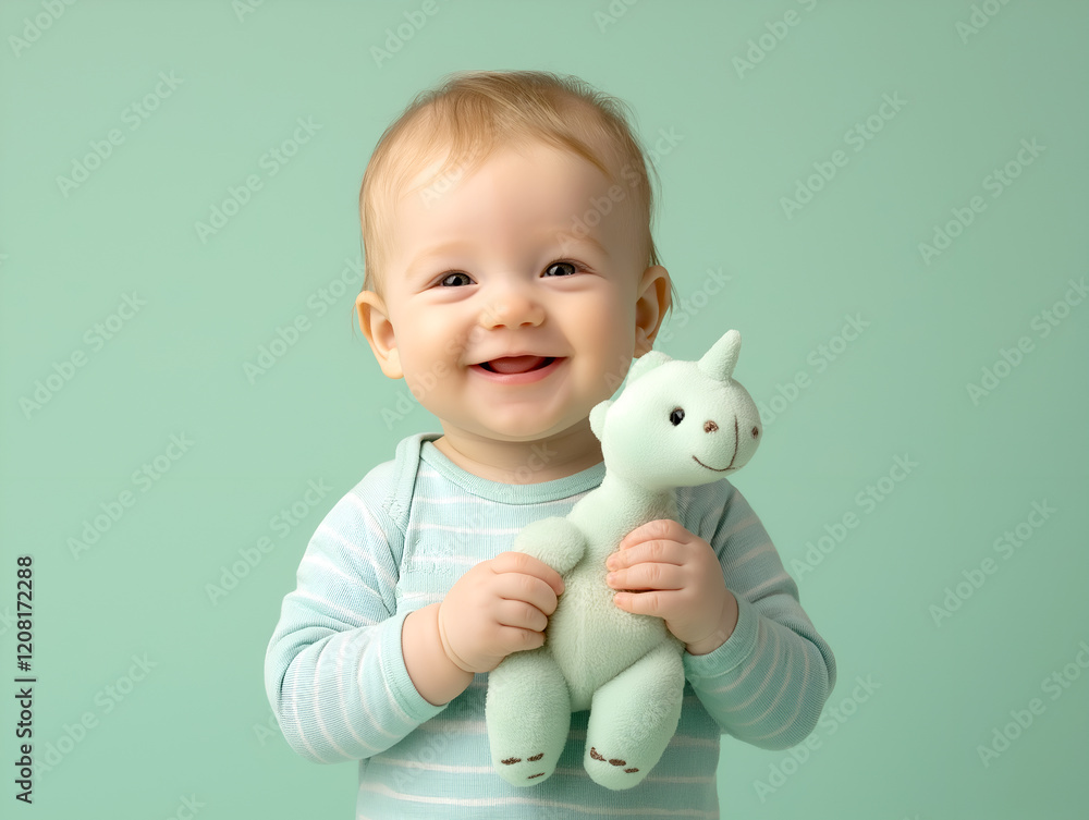 Cheerful baby holding green dinosaur plush toy, wearing a striped onesie, smiling happily, adorable moment captured against a soft green background Cheerful baby holding green dinosaur plush toy, wearing a striped onesie, smiling happily, adorable moment captured against a soft green background