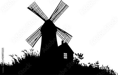 Vector illustration of a silhouette windmill on a grassy hill, perfect for countryside themes and rustic design projects.