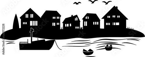Vector illustration of a tranquil harbor scene with silhouetted houses, boats, and birds, great for travel or nature themes.