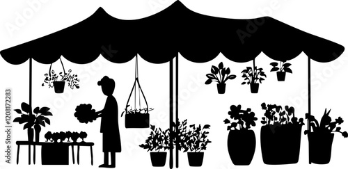 Vector Illustration of a Flower Market with a Vendor and Potted Plants in Silhouette Style, Ideal for Gardening Themes