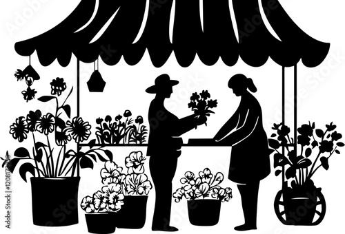 Vector illustration of a flower market, featuring two figures exchanging plants under a classic canopy with floral elements.