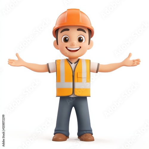 A cartoon man in a yellow safety vest is smiling and holding his arms out