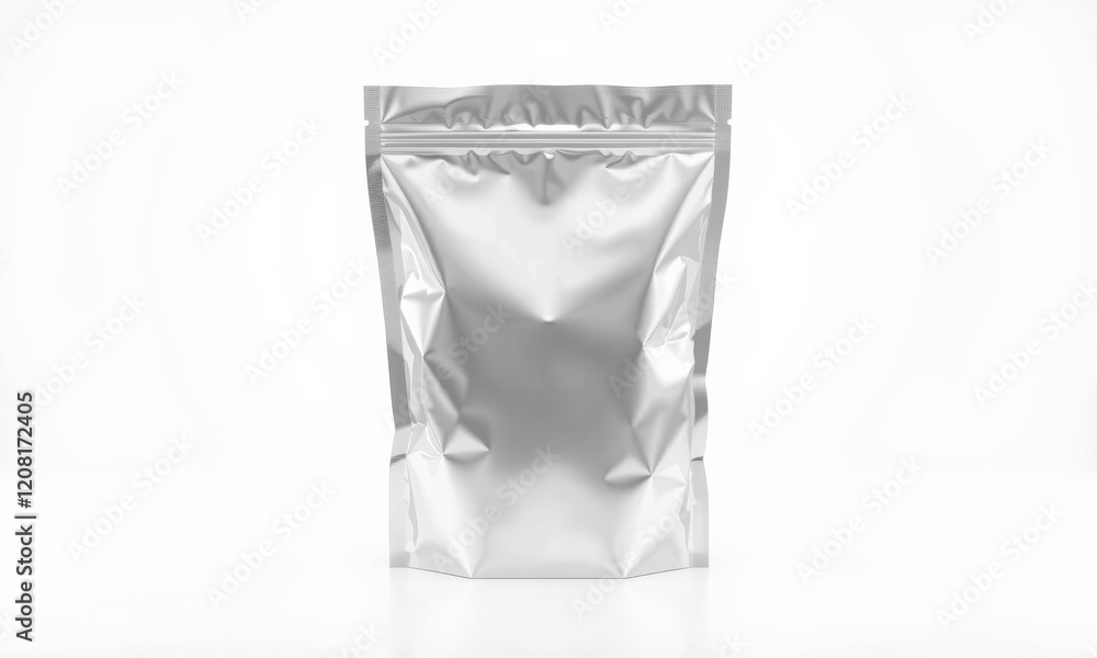 Sleek silver foil pouch mockup for packaging design, showcasing modern and versatile look. Ideal for food, snacks, or product branding Sleek silver foil pouch mockup for packaging design, showcasing modern and versatile look. Ideal for food, snacks, or product branding